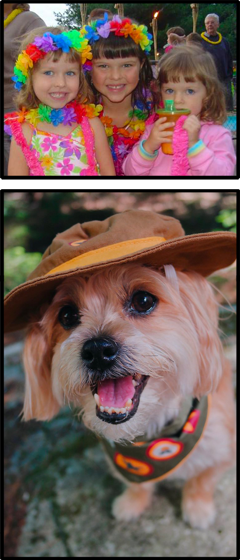 children and dog with hat